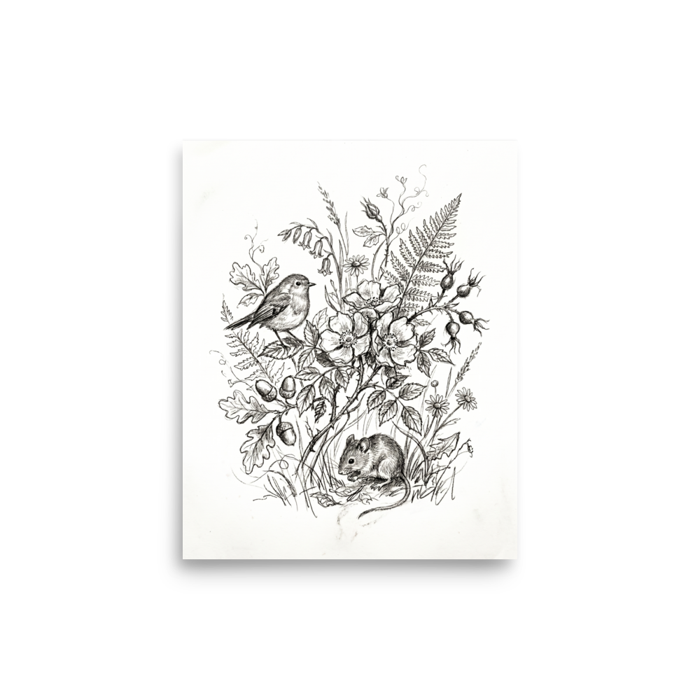 'Forest Companions Sketch' — a Realism print. Pencil sketch of a robin perched on a rose bush and a mouse on the ground.