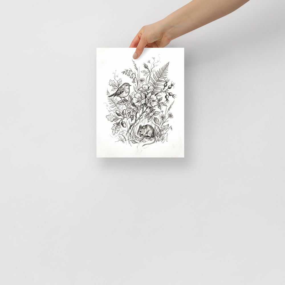'Forest Companions Sketch' — a Realism print. Pencil sketch of a robin perched on a rose bush and a mouse on the ground.