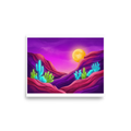 'Bioluminescent Desert' — a Surrealism,Psychedelic art print. A vividly colored surreal desert landscape at night with a glowing moon, purple skies, and glowing neon blue and green cacti.