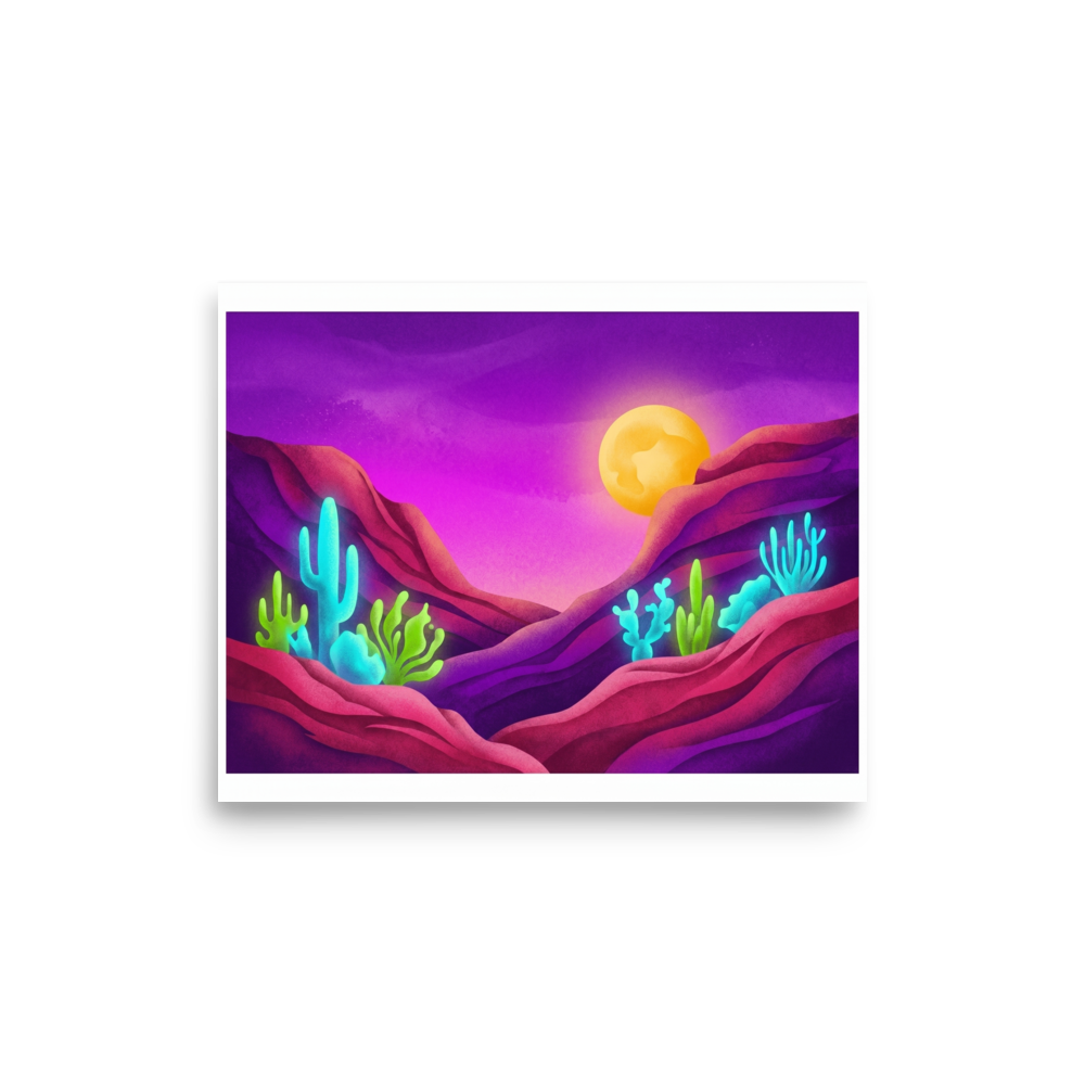 'Bioluminescent Desert' — a Surrealism,Psychedelic art print. A vividly colored surreal desert landscape at night with a glowing moon, purple skies, and glowing neon blue and green cacti.