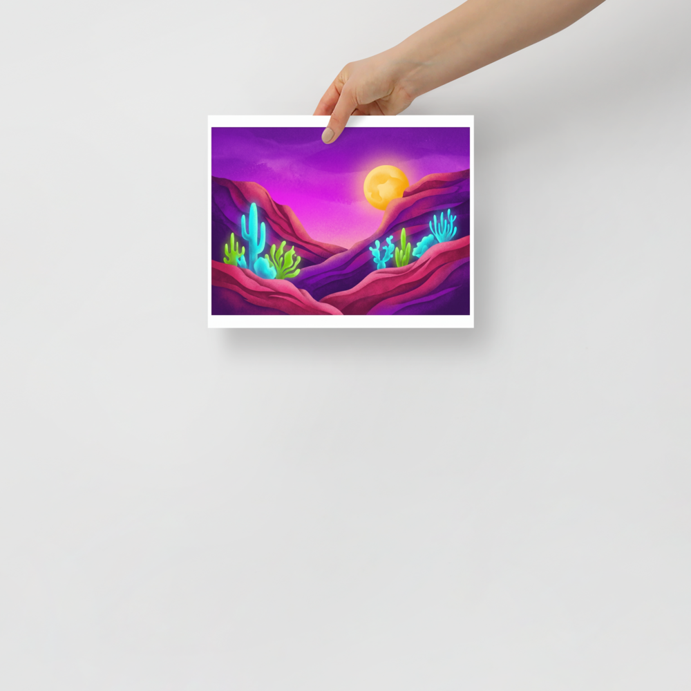 'Bioluminescent Desert' — a Surrealism,Psychedelic art print. A vividly colored surreal desert landscape at night with a glowing moon, purple skies, and glowing neon blue and green cacti.
