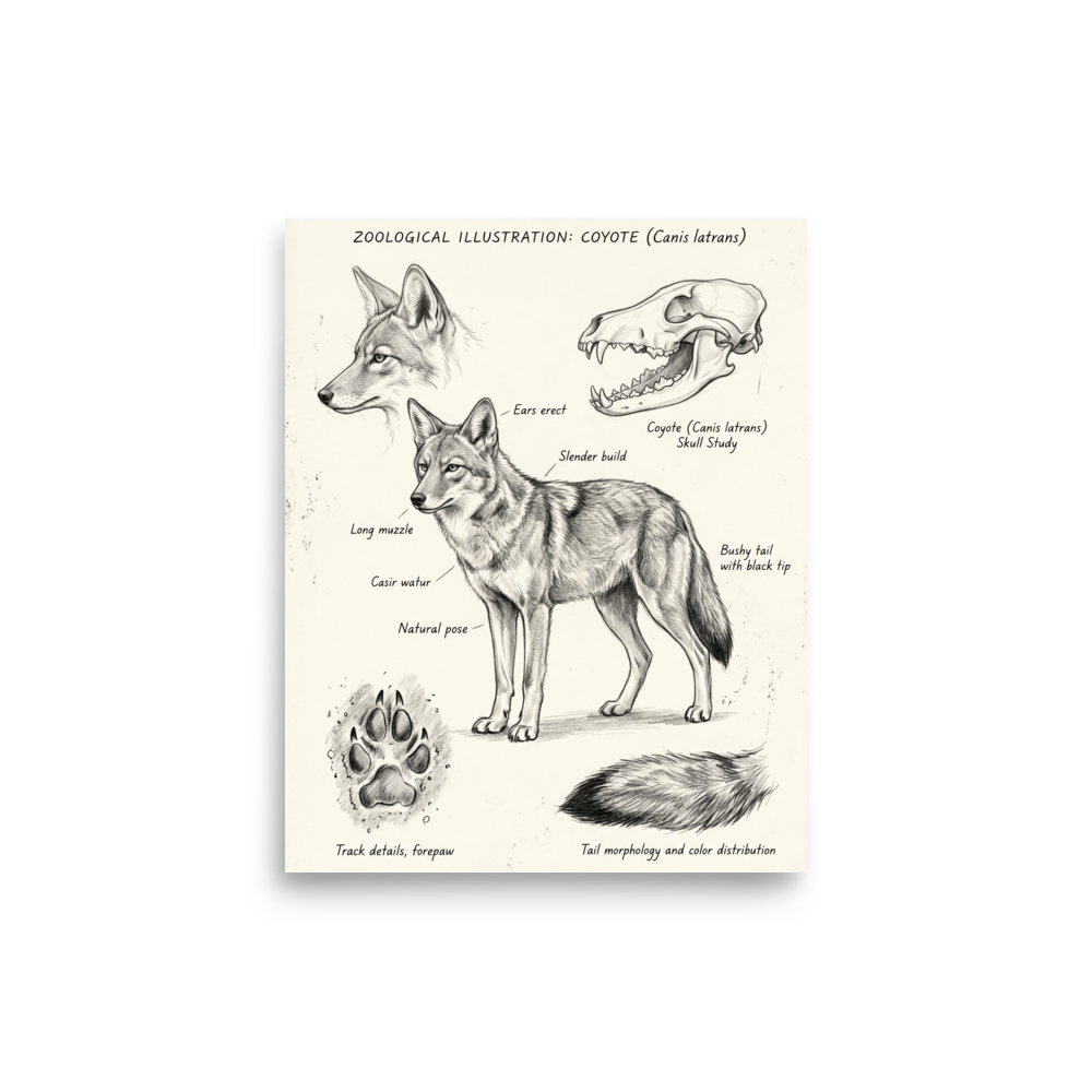 'Coyote Zoological Study' — a Academic art,Realism print. Detailed illustration of a coyote with anatomical details of its skull, tail, and paw prints.