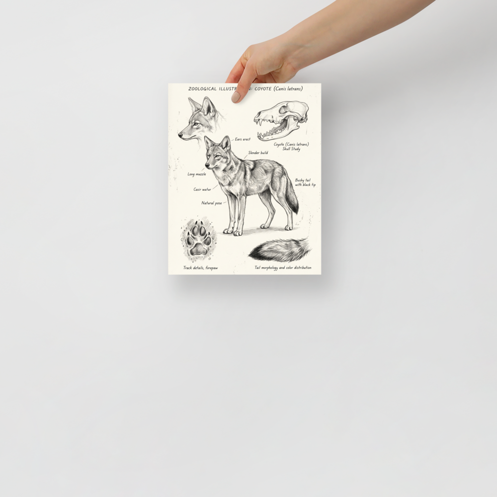 'Coyote Zoological Study' — a Academic art,Realism print. Detailed illustration of a coyote with anatomical details of its skull, tail, and paw prints.