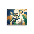'Celestial Flight' — a Art Deco print. A modern Art Deco woman with wings reaching toward a stylized sun against a city skyline, perfect for a chic Office.