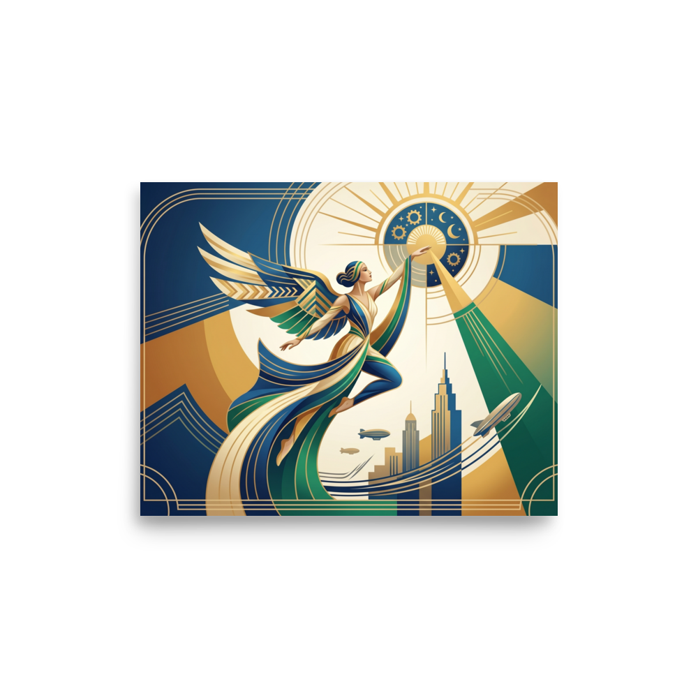 'Celestial Flight' — a Art Deco print. A modern Art Deco woman with wings reaching toward a stylized sun against a city skyline, perfect for a chic Office.