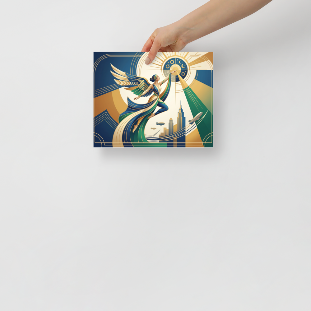 'Celestial Flight' — a Art Deco print. A modern Art Deco woman with wings reaching toward a stylized sun against a city skyline, perfect for a chic Office.