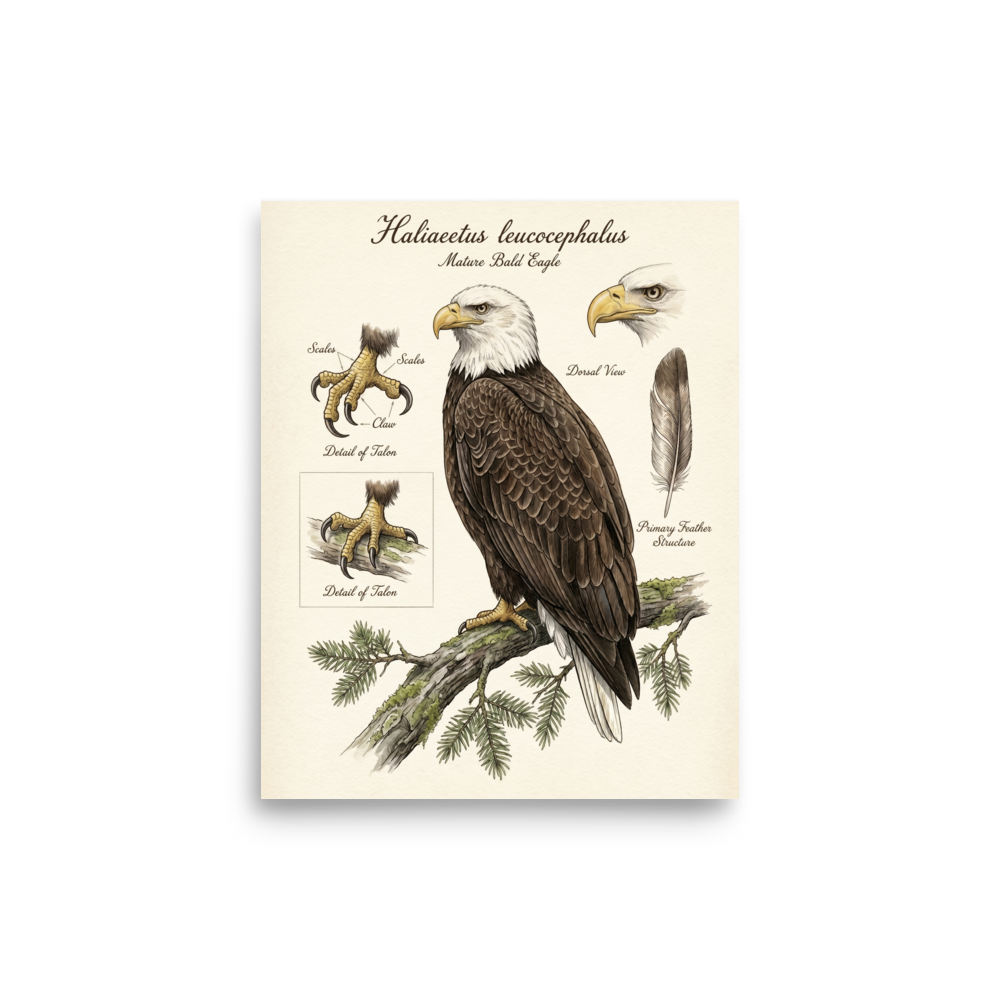 'Bald Eagle Portrait Study' — a Academic art,Realism print. Detailed portrait of a bald eagle with studies of its talons and a single feather.