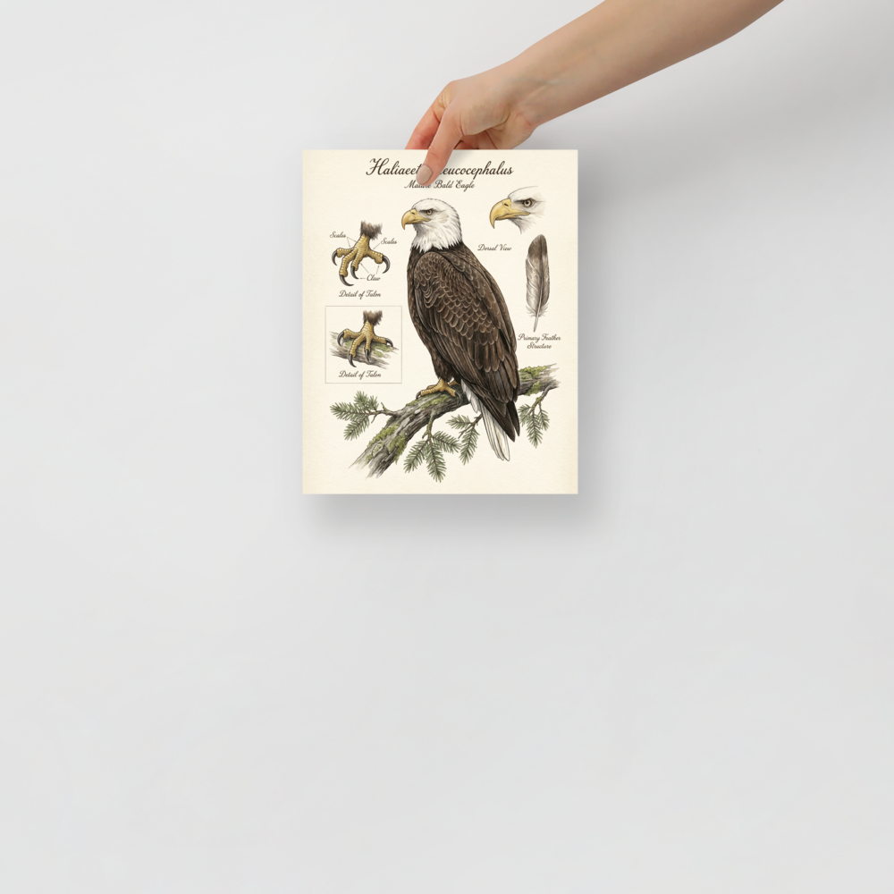 'Bald Eagle Portrait Study' — a Academic art,Realism print. Detailed portrait of a bald eagle with studies of its talons and a single feather.