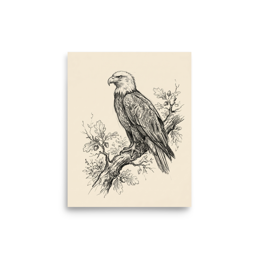 'Eagle on Oak Branch Sketch' — a Realism print. Pencil sketch of a bald eagle perched on an oak branch with leaves and acorns.