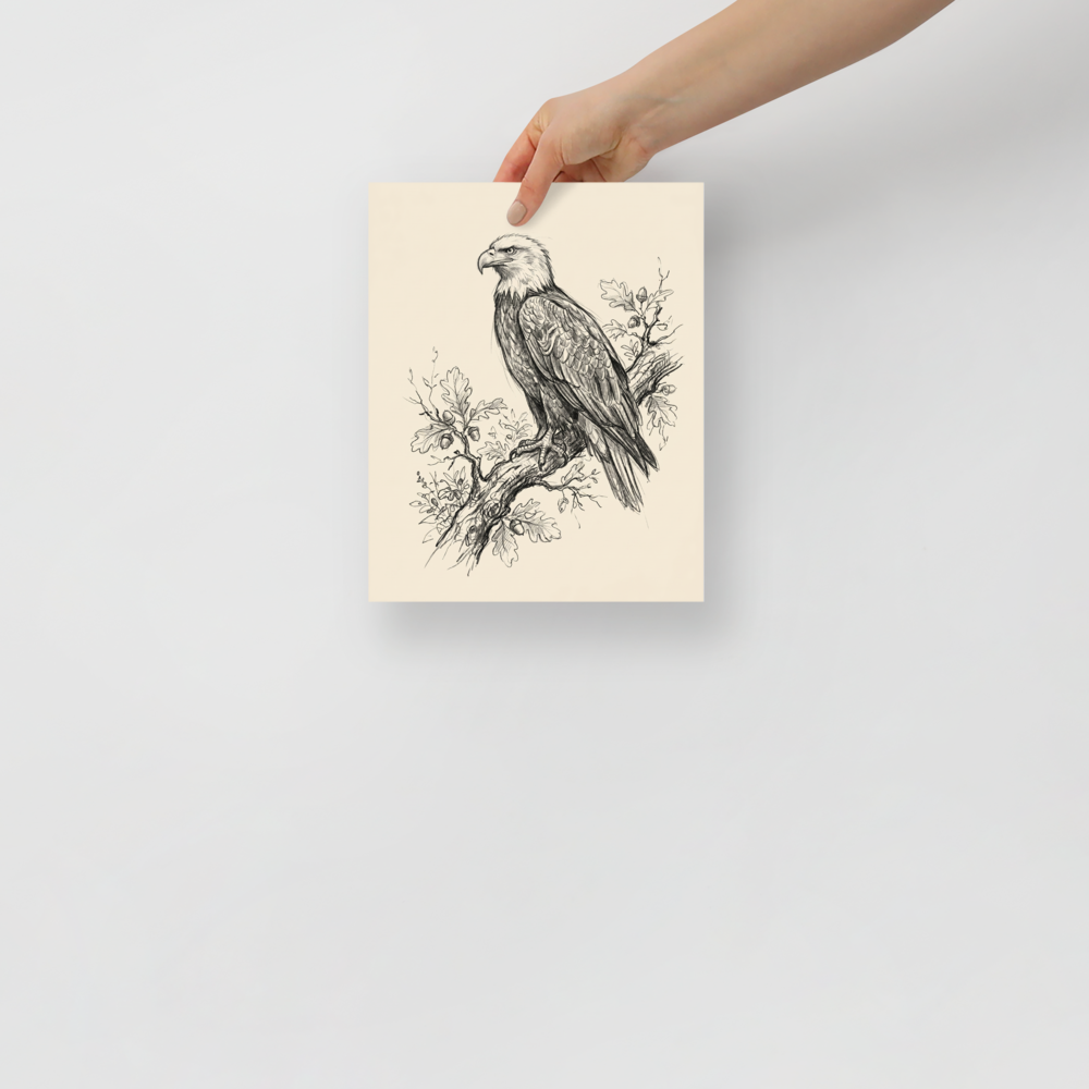 'Eagle on Oak Branch Sketch' — a Realism print. Pencil sketch of a bald eagle perched on an oak branch with leaves and acorns.