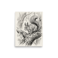 'Squirrel and Acorns Sketch' — a Realism print. Pencil sketch of a squirrel sitting on a branch next to oak leaves and acorns.