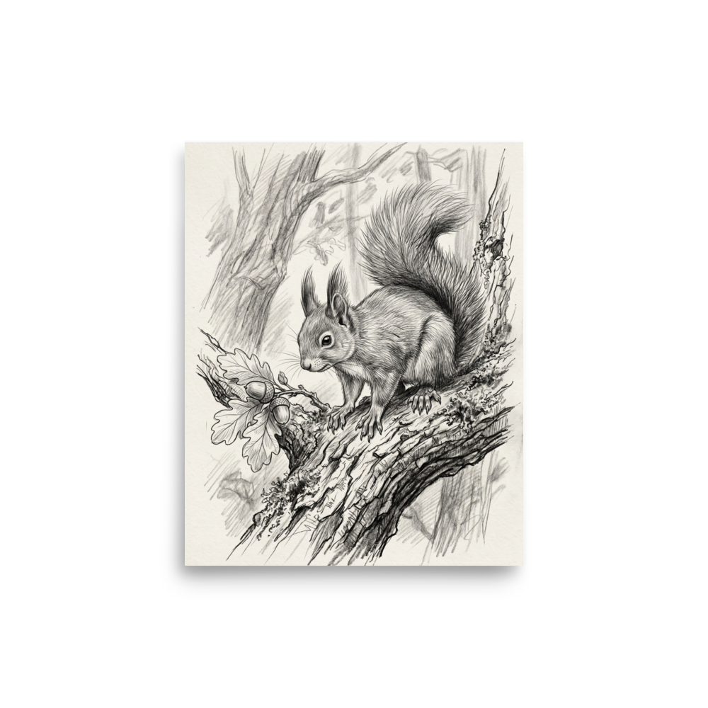 'Squirrel and Acorns Sketch' — a Realism print. Pencil sketch of a squirrel sitting on a branch next to oak leaves and acorns.