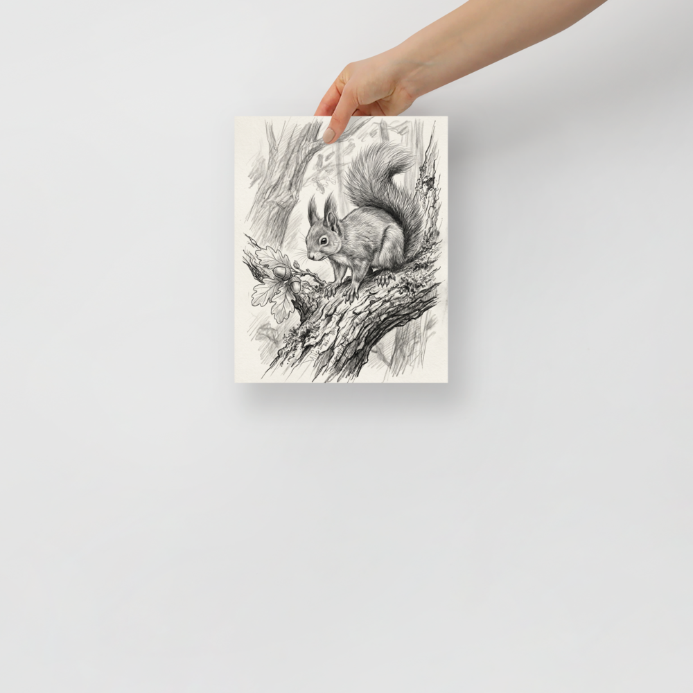 'Squirrel and Acorns Sketch' — a Realism print. Pencil sketch of a squirrel sitting on a branch next to oak leaves and acorns.