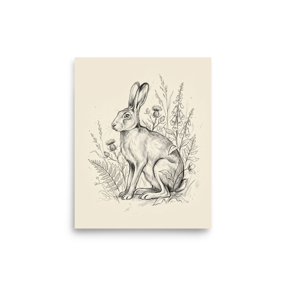 'Hare in the Thistles Sketch' — a Realism print. Pencil sketch of a hare sitting among ferns and thistles.