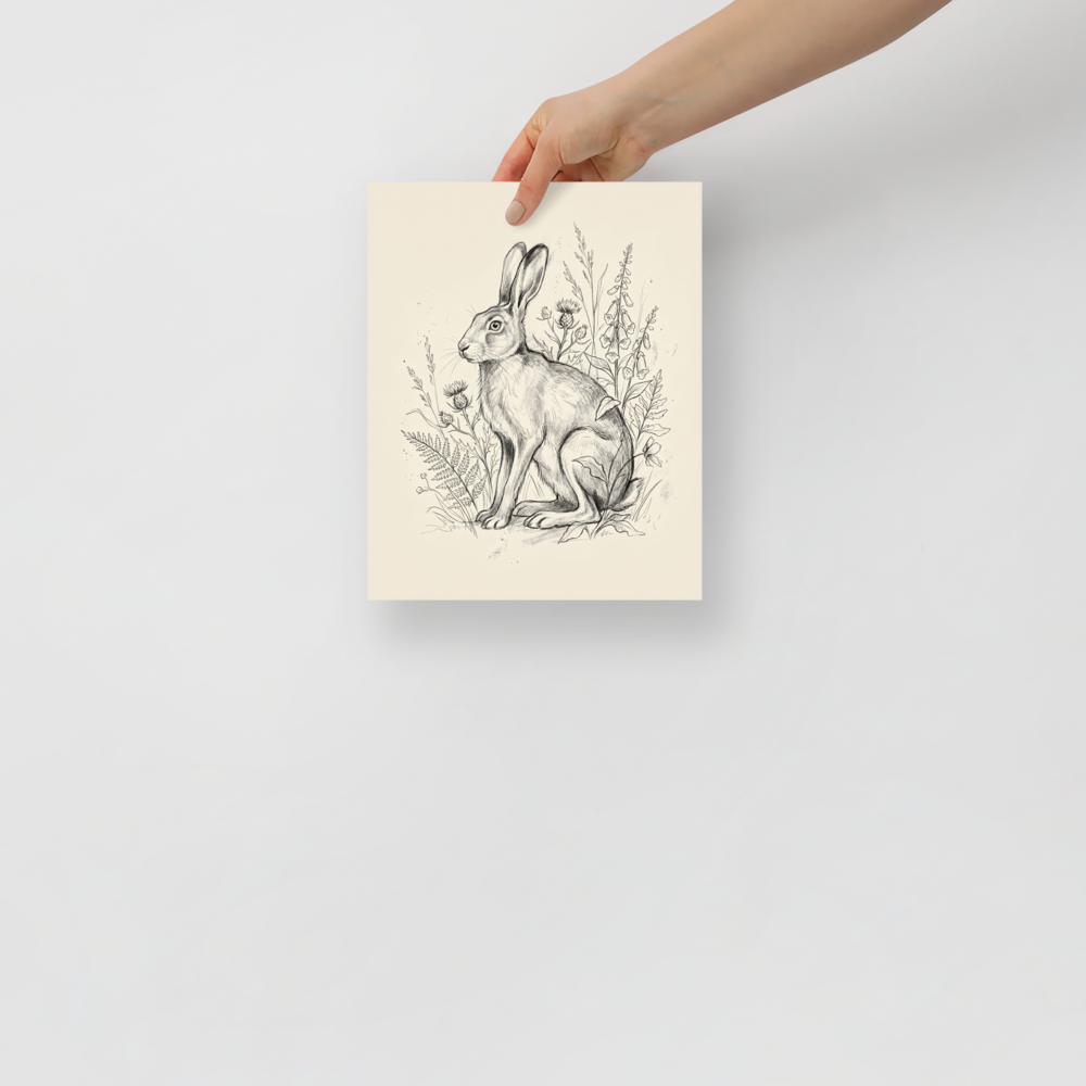 'Hare in the Thistles Sketch' — a Realism print. Pencil sketch of a hare sitting among ferns and thistles.
