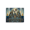 'Golden Metropolis' — a Art Deco print. A stylized Art Deco illustration of an elegant woman holding a star against a city skyline, perfect for bringing vintage glamour to a living room.