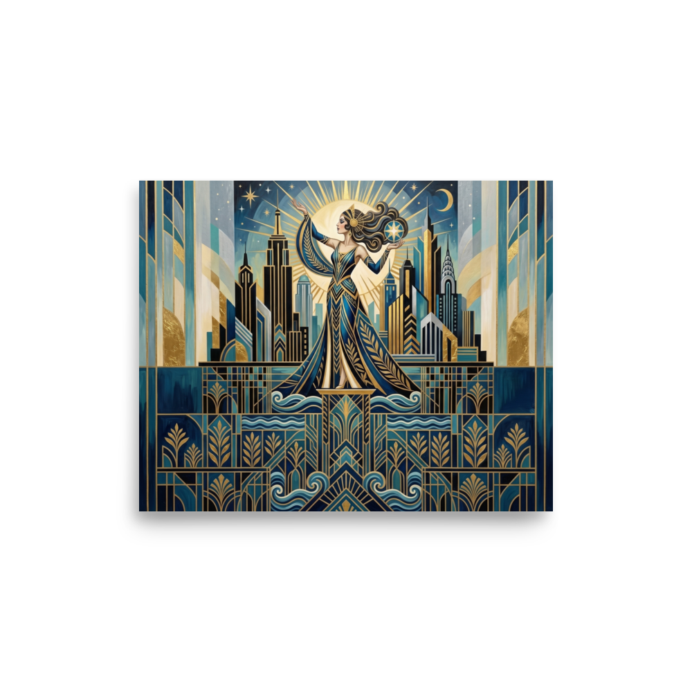'Golden Metropolis' — a Art Deco print. A stylized Art Deco illustration of an elegant woman holding a star against a city skyline, perfect for bringing vintage glamour to a living room.