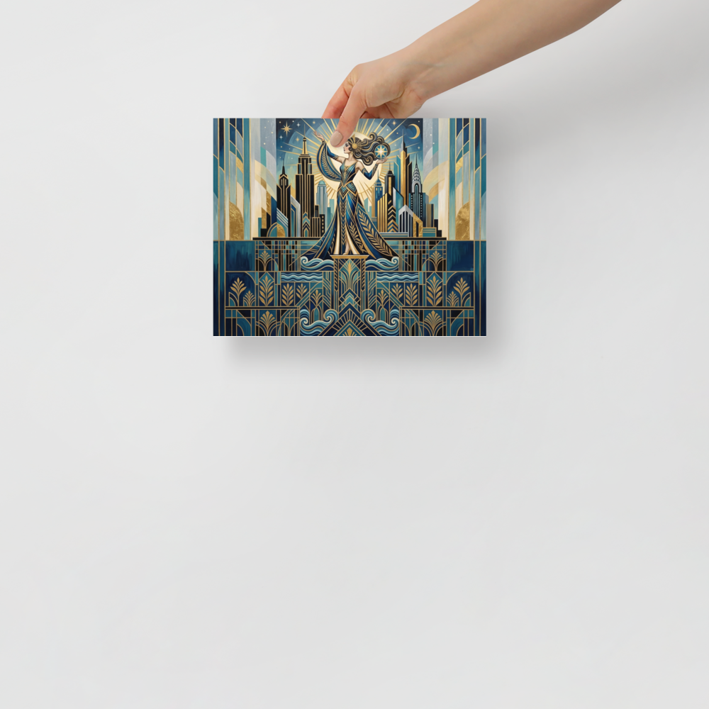 'Golden Metropolis' — a Art Deco print. A stylized Art Deco illustration of an elegant woman holding a star against a city skyline, perfect for bringing vintage glamour to a living room.