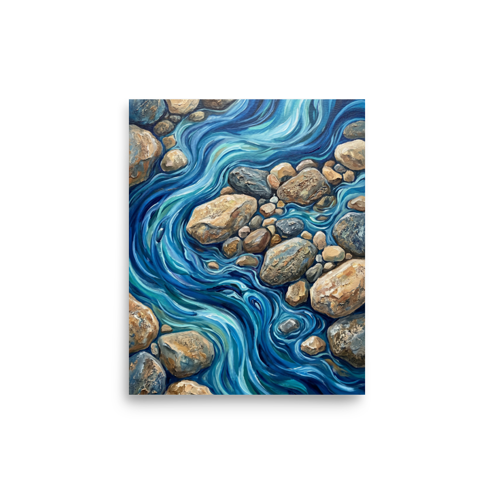 'Riverbed Rhythms' — a Abstract expressionism print. A dynamic abstract painting of a flowing blue river winding through textured stones, perfect for adding a calming touch to a Living Room.