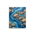 'Riverbed Rhythms' — a Abstract expressionism print. A dynamic abstract painting of a flowing blue river winding through textured stones, perfect for adding a calming touch to a Living Room.