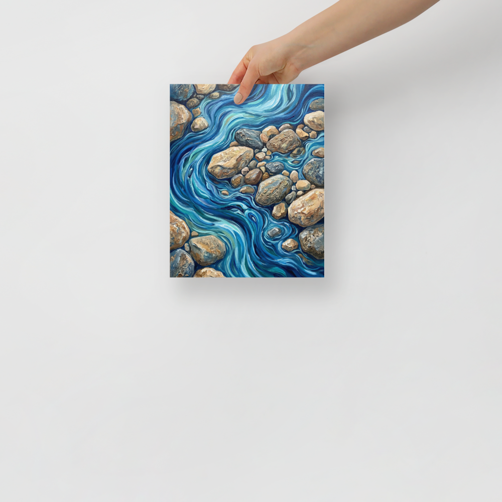 'Riverbed Rhythms' — a Abstract expressionism print. A dynamic abstract painting of a flowing blue river winding through textured stones, perfect for adding a calming touch to a Living Room.