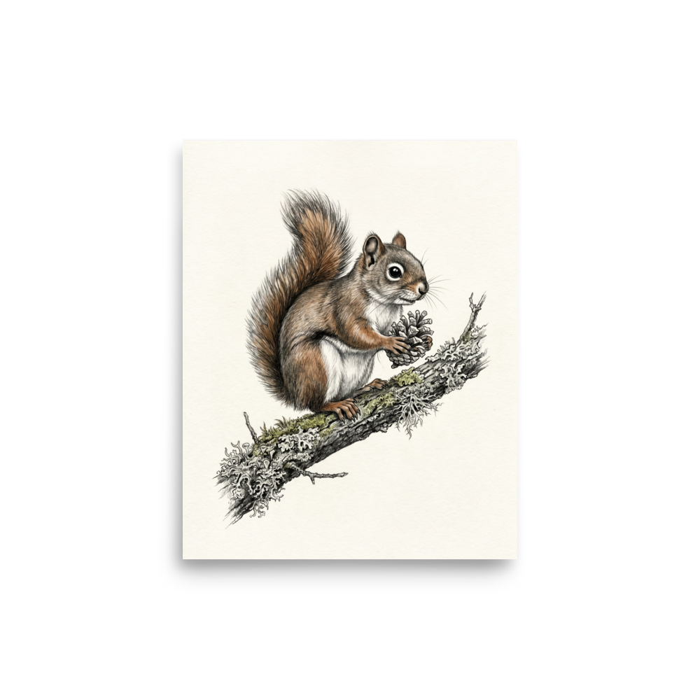 'Red Squirrel with Pinecone' — a Academic art,Realism print. Detailed colored illustration of a red squirrel sitting on a branch holding a pinecone.