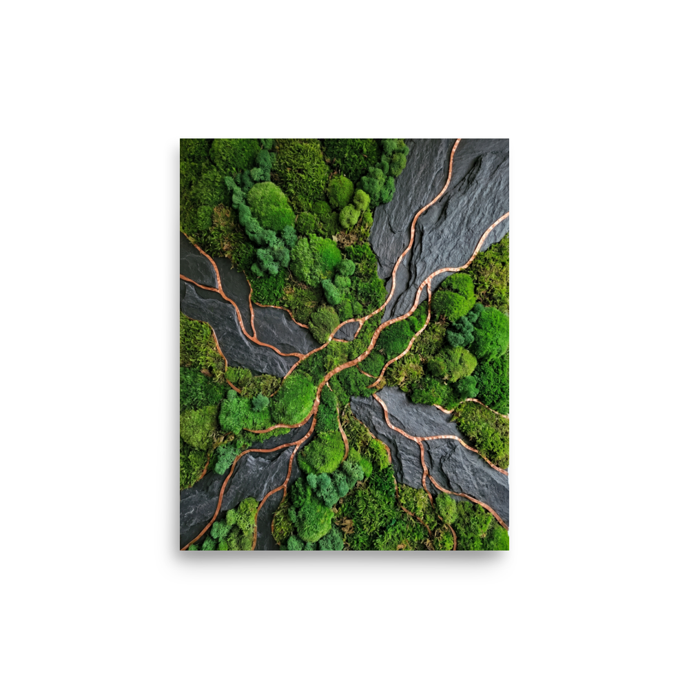 'Moss and Slate' — a Environmental art,Assemblage print. A textured wall art piece featuring green moss, dark slate stones, and copper veins, ideal for an Office.