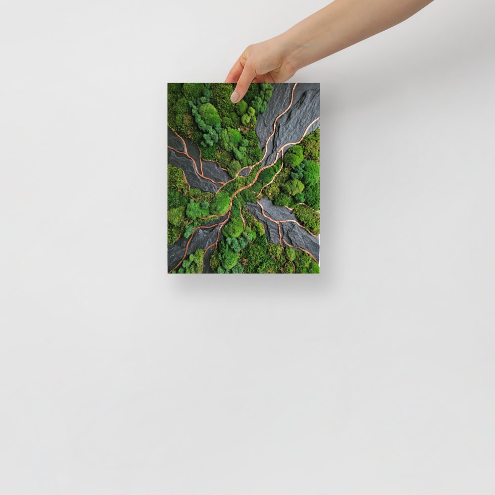 'Moss and Slate' — a Environmental art,Assemblage print. A textured wall art piece featuring green moss, dark slate stones, and copper veins, ideal for an Office.