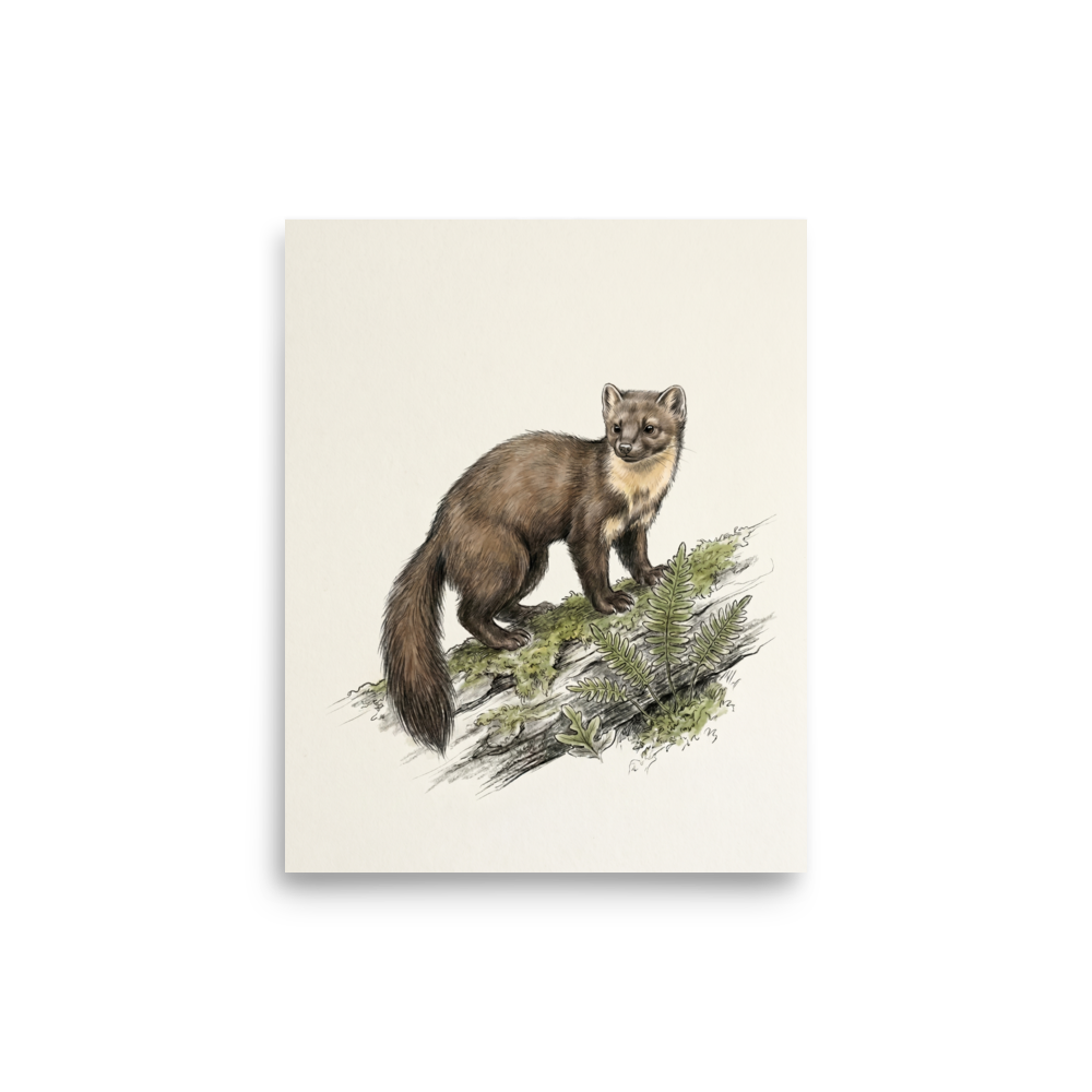 'Pine Marten on a Log' — a Academic art,Realism print. Colored illustration of a pine marten standing on a moss-covered log.