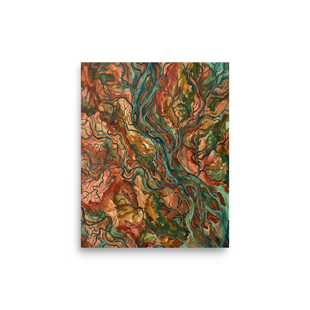 'Earth Veins' — a Abstract expressionism,Abstract art print. An abstract painting of branching teal rivers flowing through earthy red and brown terrain, perfect for a Living Room.