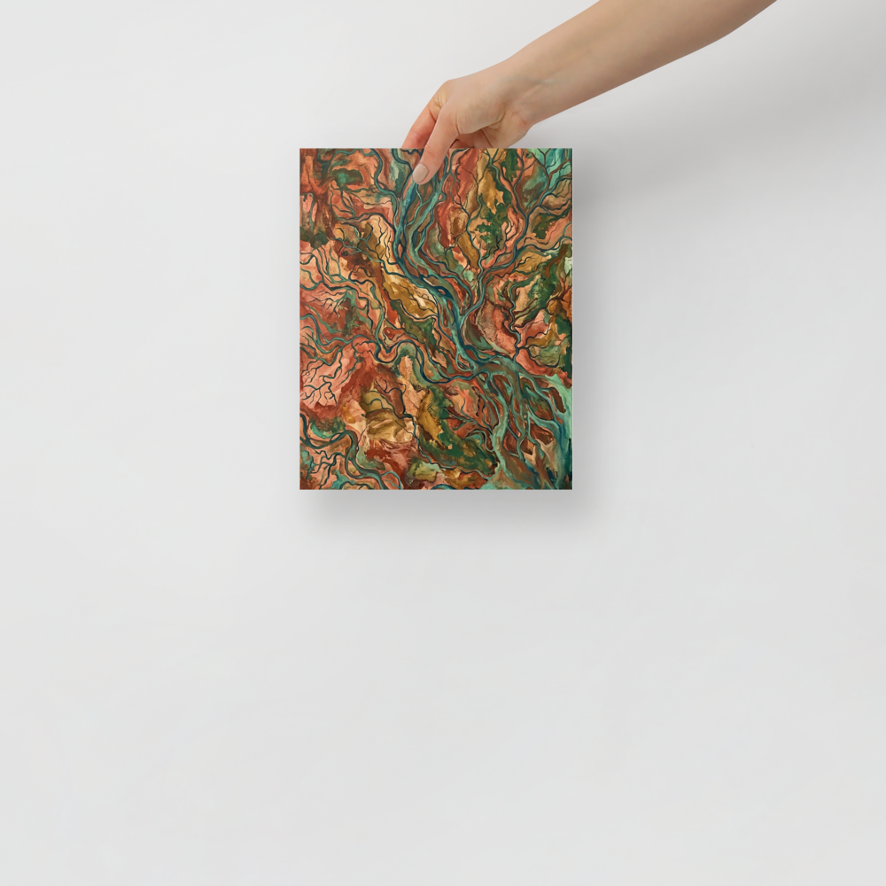 'Earth Veins' — a Abstract expressionism,Abstract art print. An abstract painting of branching teal rivers flowing through earthy red and brown terrain, perfect for a Living Room.