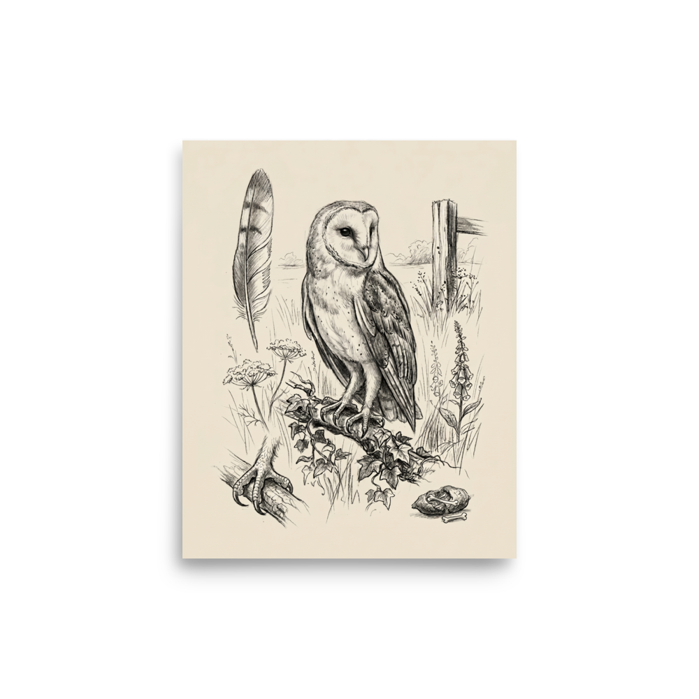 'Barn Owl Anatomy Study' — a Realism print. Pencil sketch of a barn owl with anatomical details including a feather, talons, and a skull.