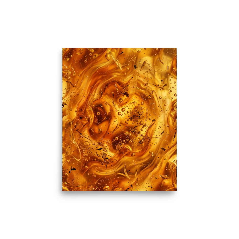'Amber Depths' — a Abstract art print. A swirling, golden amber abstract piece resembling liquid honey with bubbles, ideal for a cozy Bedroom or Den.