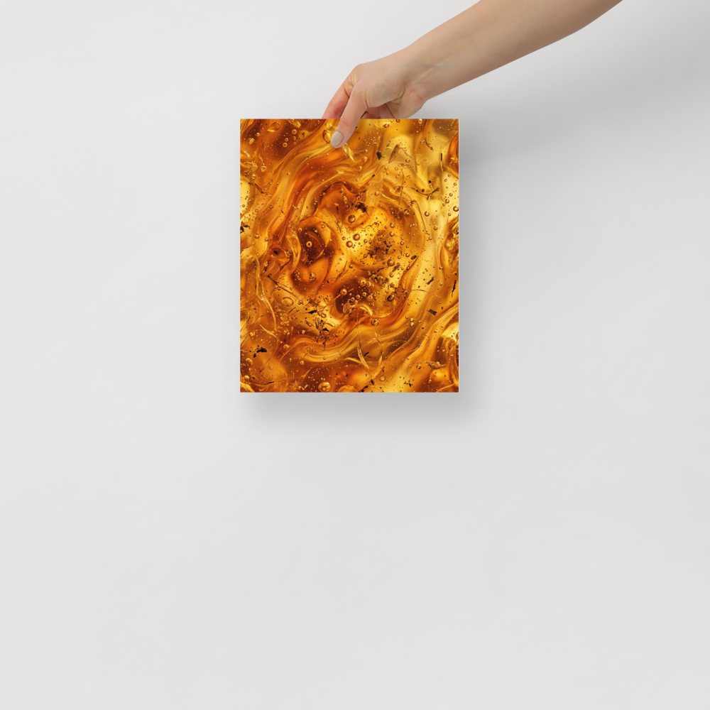 'Amber Depths' — a Abstract art print. A swirling, golden amber abstract piece resembling liquid honey with bubbles, ideal for a cozy Bedroom or Den.