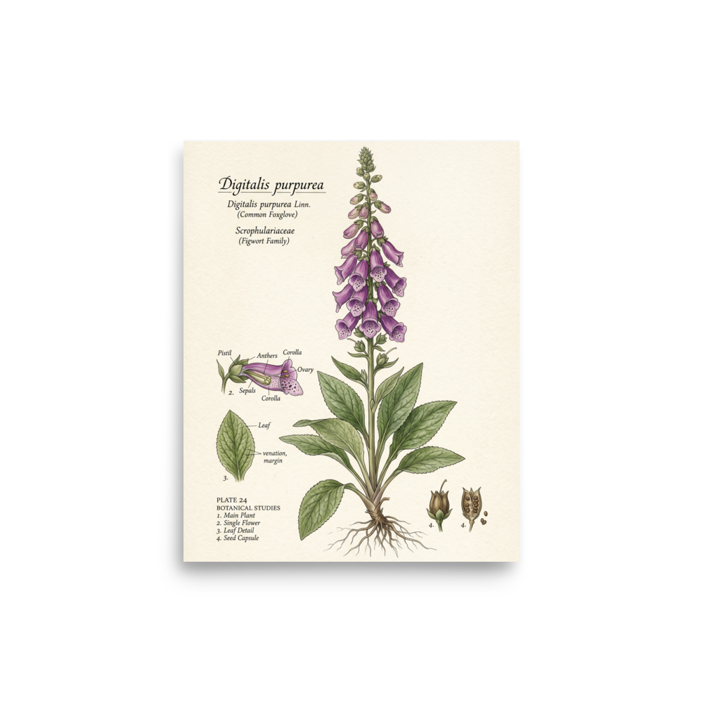 'Common Foxglove Botanical Plate' — a Academic art,Realism print. Detailed botanical illustration of a foxglove plant, showing the full flower spike, leaf details, and seed capsules.