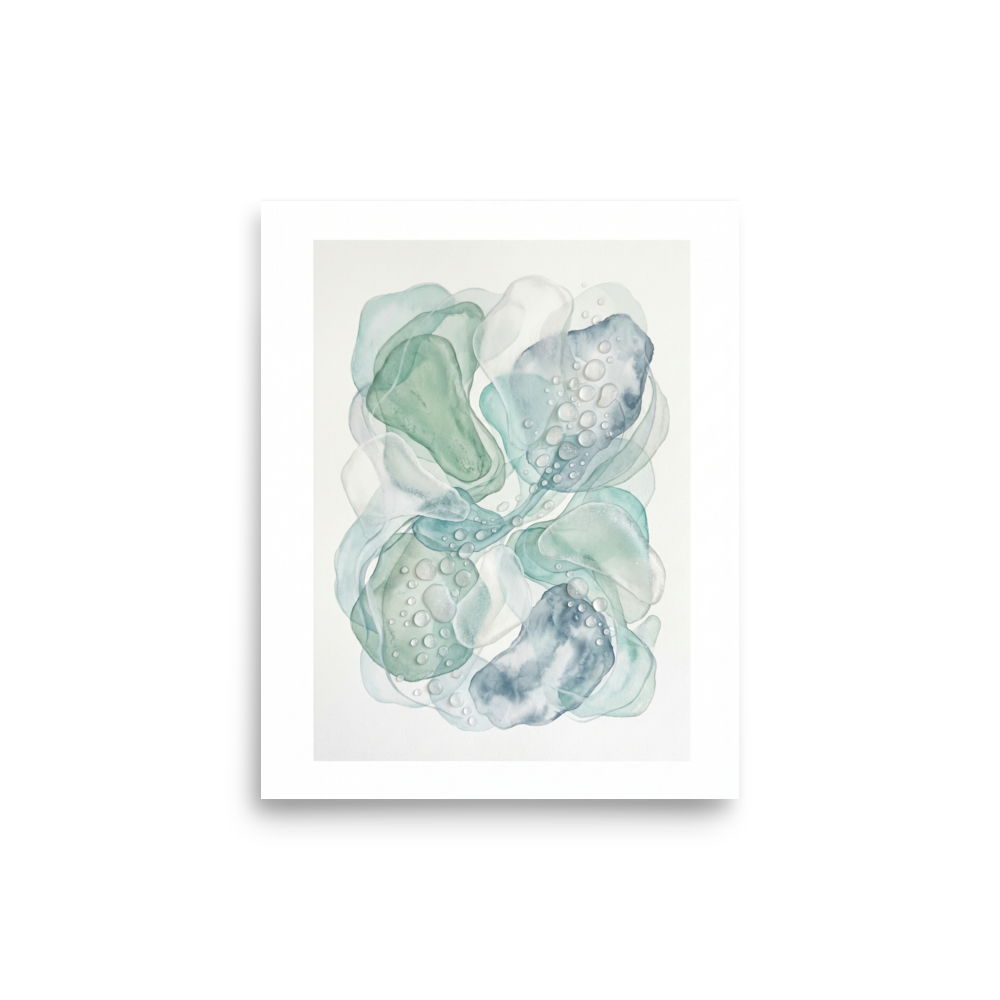 'Morning Dew' — a Minimalism,Abstract art print. A delicate watercolor painting of overlapping pale green and blue shapes with water droplets, bringing fresh energy to a Sunroom / Conservatory.