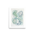 'Morning Dew' — a Minimalism,Abstract art print. A delicate watercolor painting of overlapping pale green and blue shapes with water droplets, bringing fresh energy to a Sunroom / Conservatory.