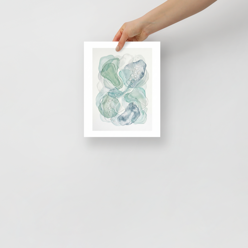 'Morning Dew' — a Minimalism,Abstract art print. A delicate watercolor painting of overlapping pale green and blue shapes with water droplets, bringing fresh energy to a Sunroom / Conservatory.