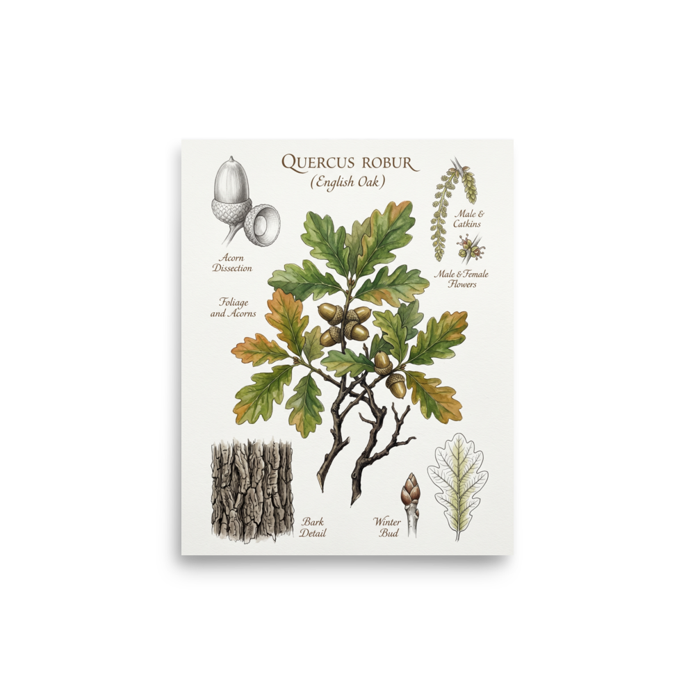 'English Oak Botanical Study' — a Academic art,Realism print. Detailed botanical illustration of an English Oak branch with acorns, bark details, and flowers.