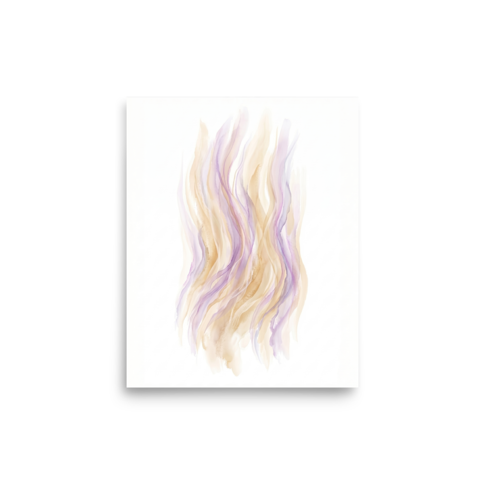 'Pastel Whispers' — a Abstract art,Lyrical abstraction print. An abstract watercolor painting featuring soft, flowing vertical ribbons of peach and lavender, perfect for a Bedroom.