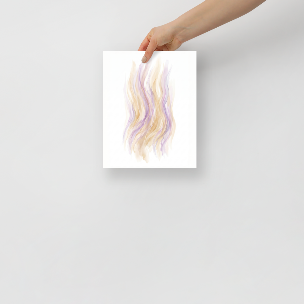 'Pastel Whispers' — a Abstract art,Lyrical abstraction print. An abstract watercolor painting featuring soft, flowing vertical ribbons of peach and lavender, perfect for a Bedroom.