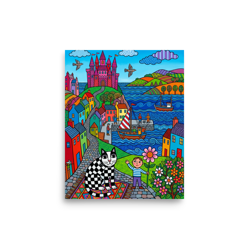 'Checkered Cat's Castle Dream' — a Naive art print. A colorful naive art scene featuring a black and white checkered cat sitting on a patterned rug in a playroom, with a seaside village and pink castle in the background.
