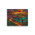 'Harbor at Dusk in Stained Glass' — a Cloisonnism print. A vibrant Cloisonnism style painting of a coastal harbor village with a figure looking at boats, perfect for a lively living room.