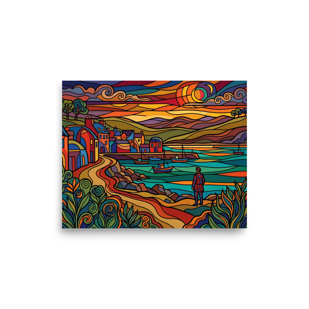 'Harbor at Dusk in Stained Glass' — a Cloisonnism print. A vibrant Cloisonnism style painting of a coastal harbor village with a figure looking at boats, perfect for a lively living room.