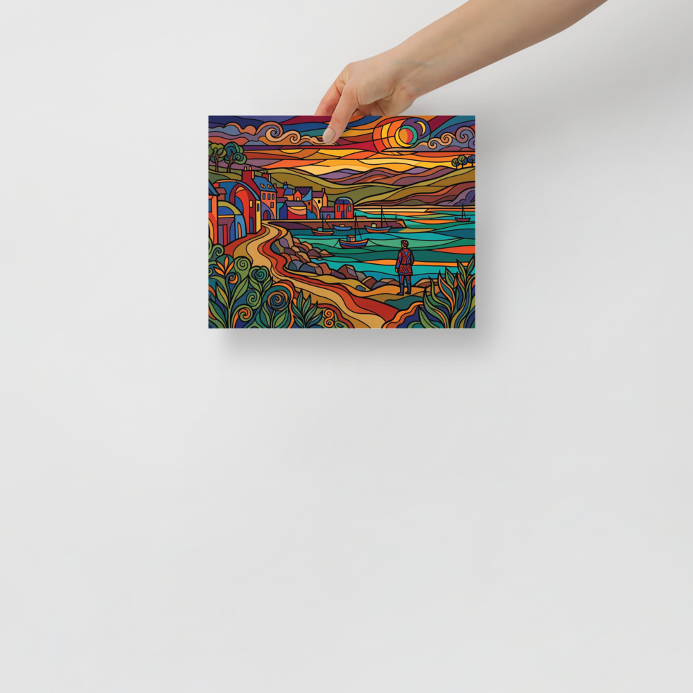 'Harbor at Dusk in Stained Glass' — a Cloisonnism print. A vibrant Cloisonnism style painting of a coastal harbor village with a figure looking at boats, perfect for a lively living room.
