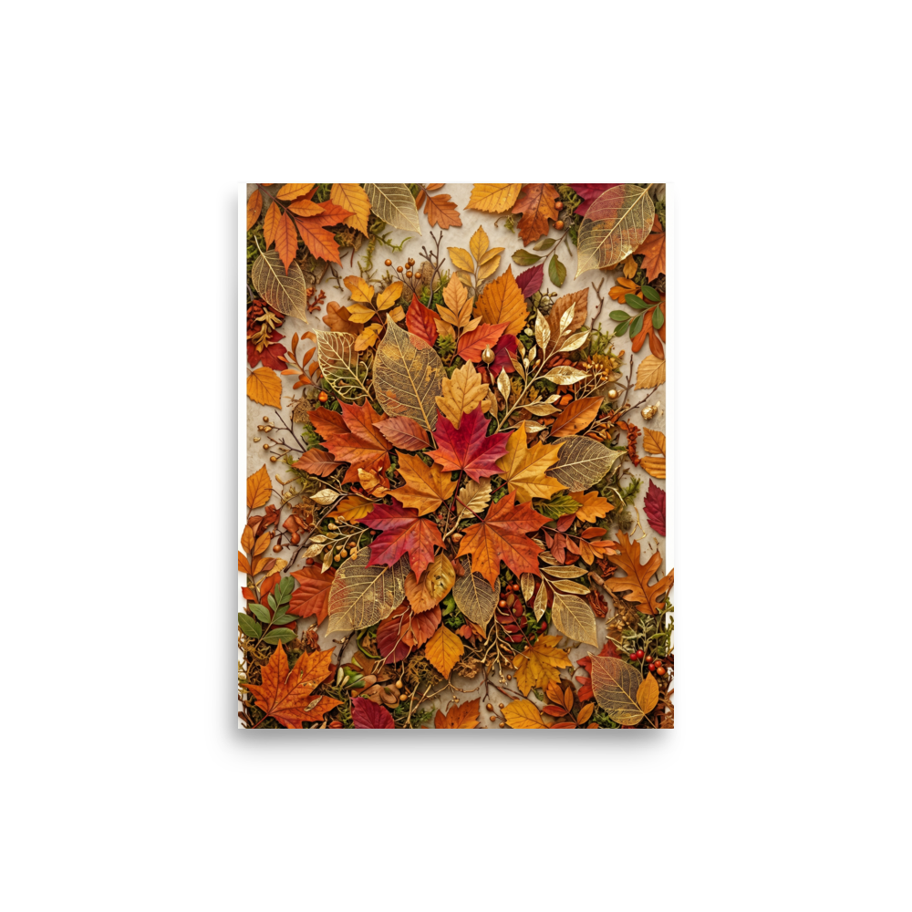 'Autumn Tapestry' — a Assemblage,Realism print. A highly detailed composition of colorful autumn leaves and golden skeletal foliage, ideal for a Dining Room.