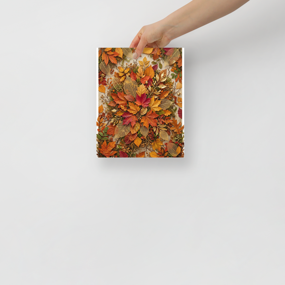 'Autumn Tapestry' — a Assemblage,Realism print. A highly detailed composition of colorful autumn leaves and golden skeletal foliage, ideal for a Dining Room.