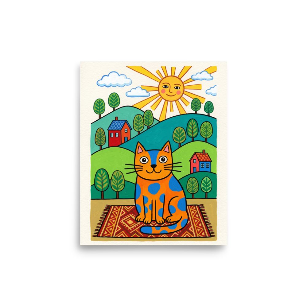 'The Sunlit Spotted Cat' — a Naive art print. A naive art painting of an orange and blue spotted cat sitting on a rug in a sunlit landscape, perfect for a cheerful nursery.