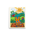'The Sunlit Spotted Cat' — a Naive art print. A naive art painting of an orange and blue spotted cat sitting on a rug in a sunlit landscape, perfect for a cheerful nursery.