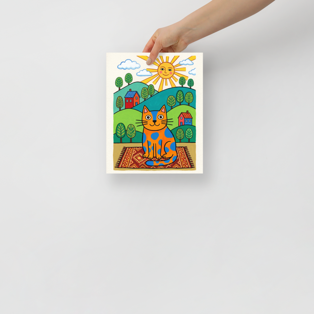 'The Sunlit Spotted Cat' — a Naive art print. A naive art painting of an orange and blue spotted cat sitting on a rug in a sunlit landscape, perfect for a cheerful nursery.